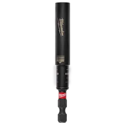 The image shows a SHOCKWAVE™ 3" Impact Duty Magnetic Drive Guide by Milwaukee. It has a black and red color scheme with "Milwaukee" branding on the shaft. The guide features a magnetic tip for holding screws securely during use.