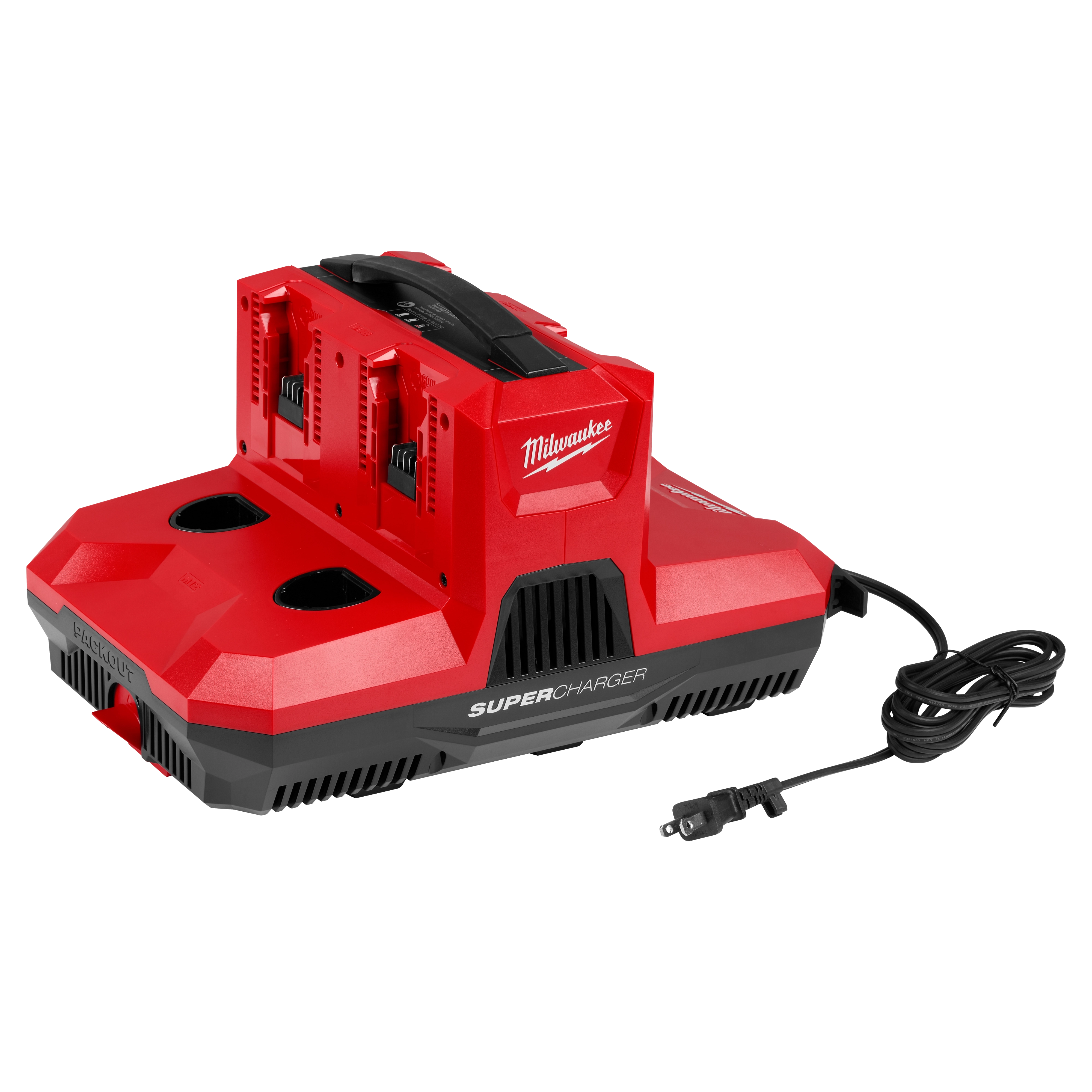 M18 & M12 Four Bay Simultaneous Super Charger w/ PACKOUT Compatibility in red and black with four charging slots and power cord.