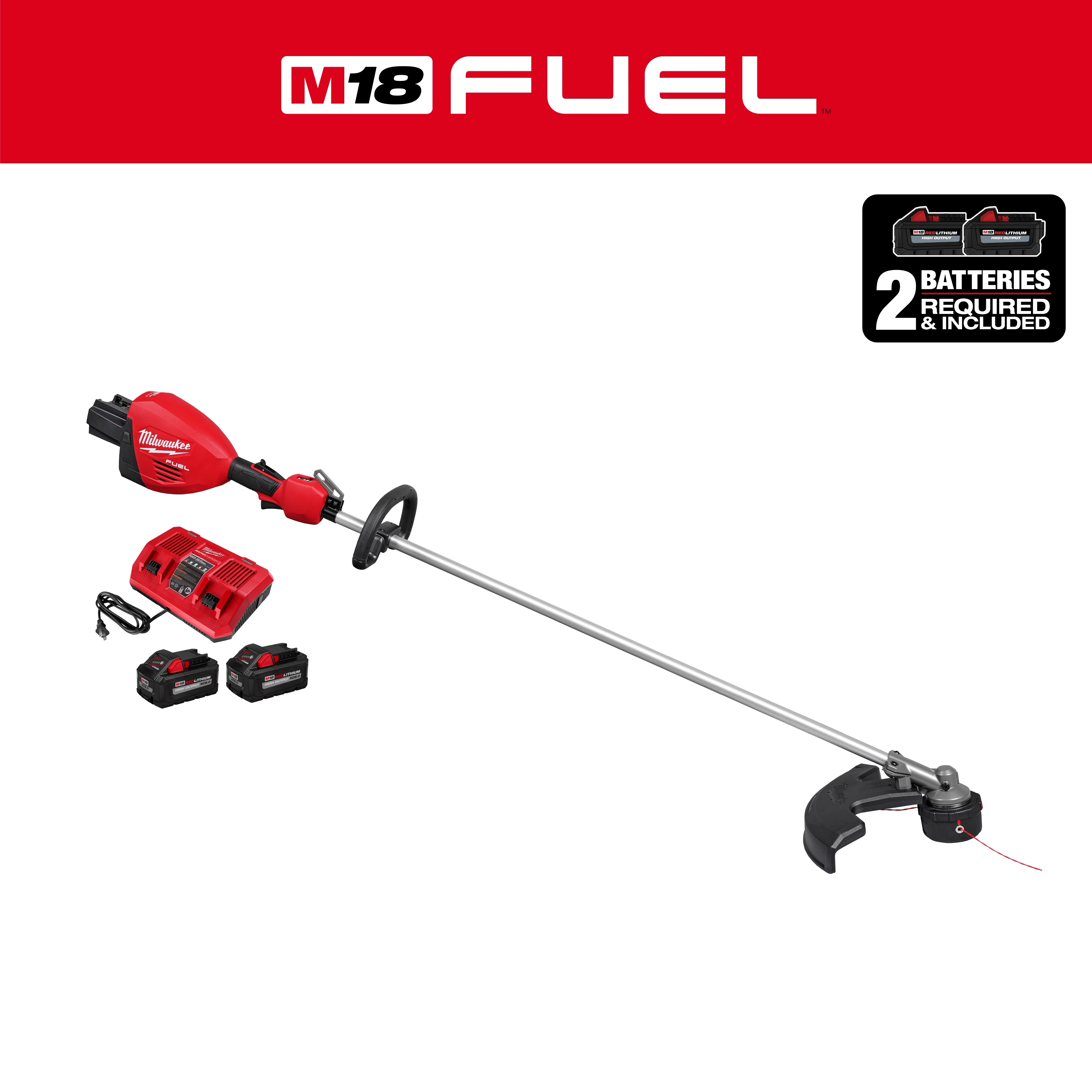 M18 FUEL 17” Dual Battery String Trimmer Kit includes a red trimmer, charger, and two batteries against a white background.