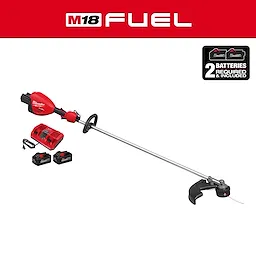 M18 FUEL 17” Dual Battery String Trimmer Kit includes a red trimmer, charger, and two batteries against a white background.