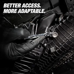 Gloved hand using a 1/4” Hex Drive Mini Flex Head Bit Ratchet in a tight engine compartment.