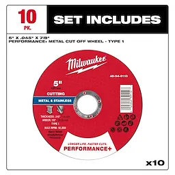 Package of 10 Performance+ metal cut off wheels, Type 1, 5" x .045" x 7/8", for cutting metal and stainless steel.