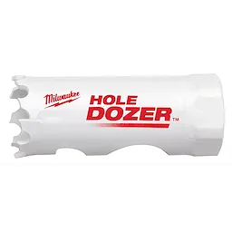 RANGE OF Hole Dozer Bi-Metal Hole Saw, 7/8" to 15/16", white with red branding, features sharp teeth for efficient cutting.