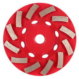 Image of a red-colored 4" DIAMOND MAX™ Turbo Diamond Cup Wheel with 12 segments. The wheel has a circular design with evenly spaced curved diamond segments and several cut-out holes around the center.