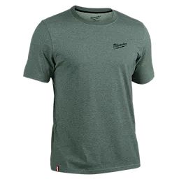 The FREEFLEX™ Hybrid Work Tee - Short Sleeve by Milwaukee is a dark grey short-sleeve t-shirt with the Milwaukee logo on the left chest. It features a relaxed fit, crew neckline, and red tag at the bottom left side seam.