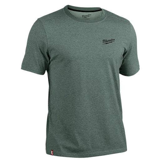 The FREEFLEX™ Hybrid Work Tee - Short Sleeve by Milwaukee is a dark grey short-sleeve t-shirt with the Milwaukee logo on the left chest. It features a relaxed fit, crew neckline, and red tag at the bottom left side seam.