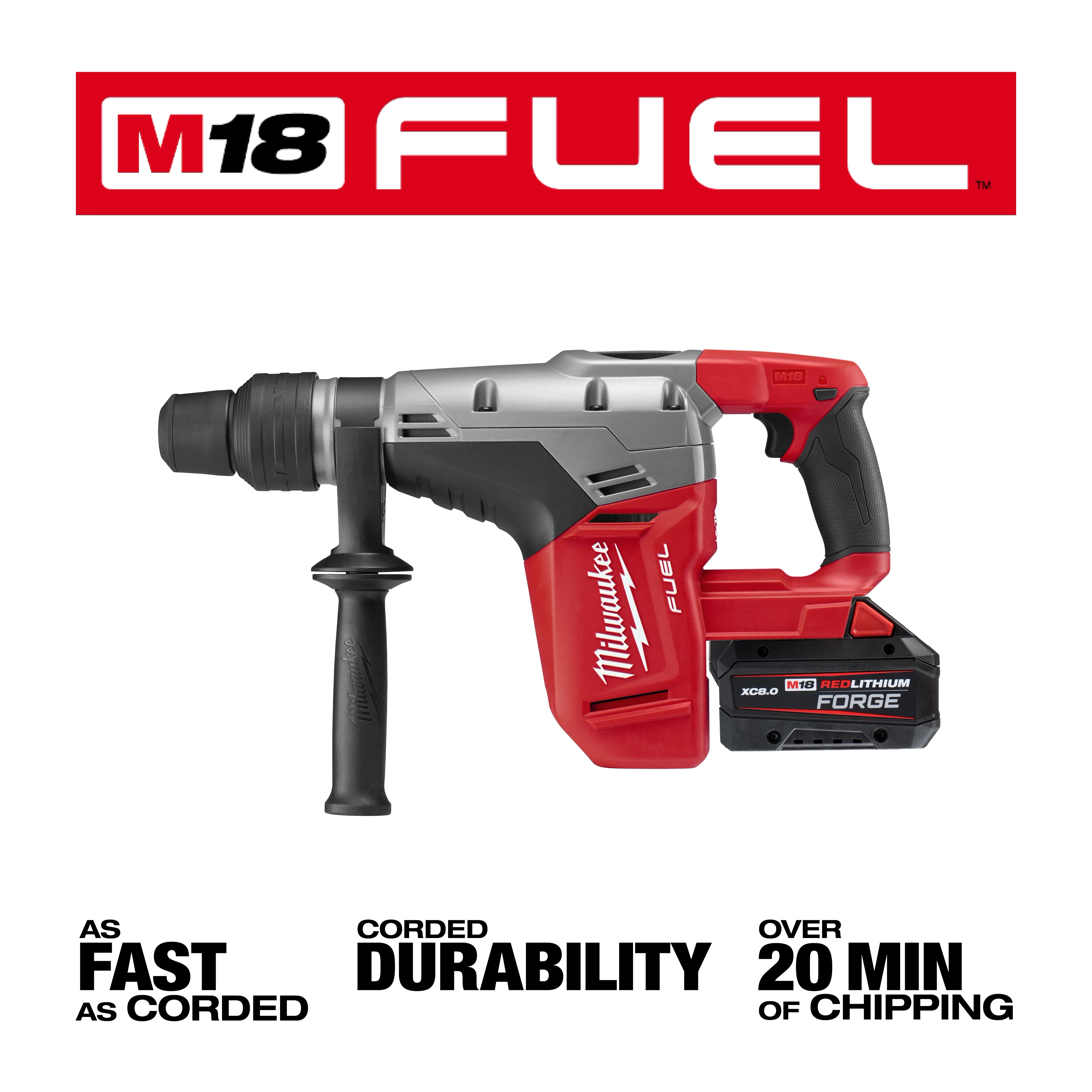 The M18 FUEL™ 1-9/16" SDS Max Rotary Hammer is a red and silver cordless power tool with a black side handle and an XC8.0 M18 REDLITHIUM FORGE battery pack attached. It provides performance comparable to corded models and offers over 20 minutes of chipping.