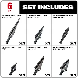 The 48-89-9224 6 Pc Black Oxide Step Drill Bit Set includes six different sizes of step drill bits: #1 (1/8" - 1/2"), #4 (3/16" - 7/8"), #6 (3/8" & 1/2"), #7 (7/8"), #8 (1/2" - 1"), and #9 (7/8" & 1-1/8").