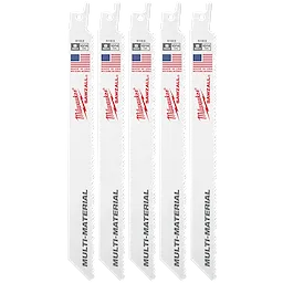 Milwaukee 8" 10/14 TPI SAWZALL® Blades (5 Pk) are reciprocating saw blades with a multi-material cutting design. Each white blade features the Milwaukee logo, "Made in USA" text, and an American flag. The blades have sharp, jagged teeth and are arranged vertically with slight overlaps.