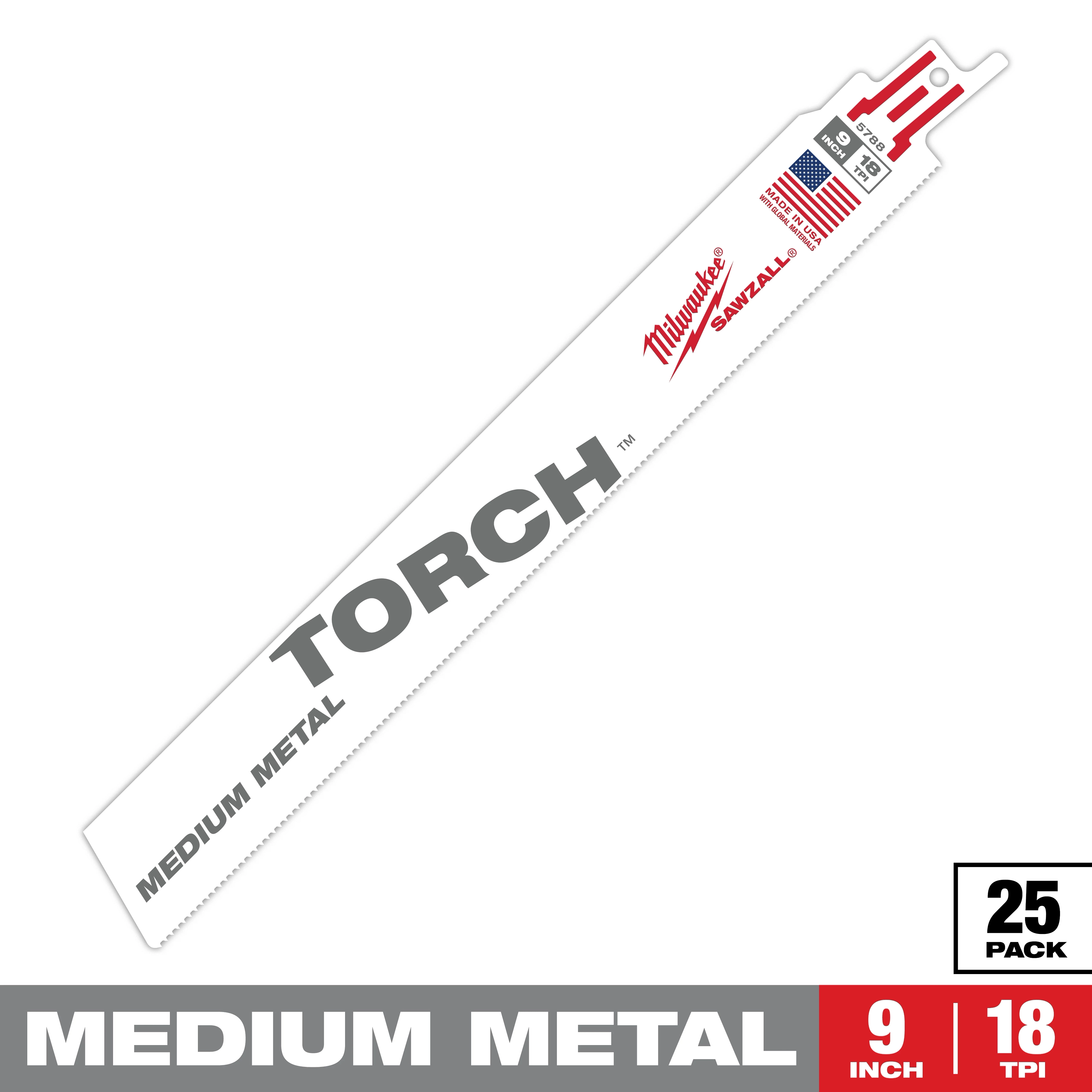 The Sawzall Bi-Metal Carbide Primary Images blade is labeled "Torch" for medium metal cutting. It is 9 inches long with 18 teeth per inch, comes in a pack of 25, and is made in the USA.
