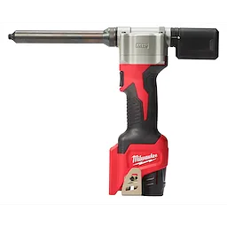 M12 Rivet Tool with 6-inch extension features a red and black design with a metallic nozzle and ergonomic handle for easy grip.