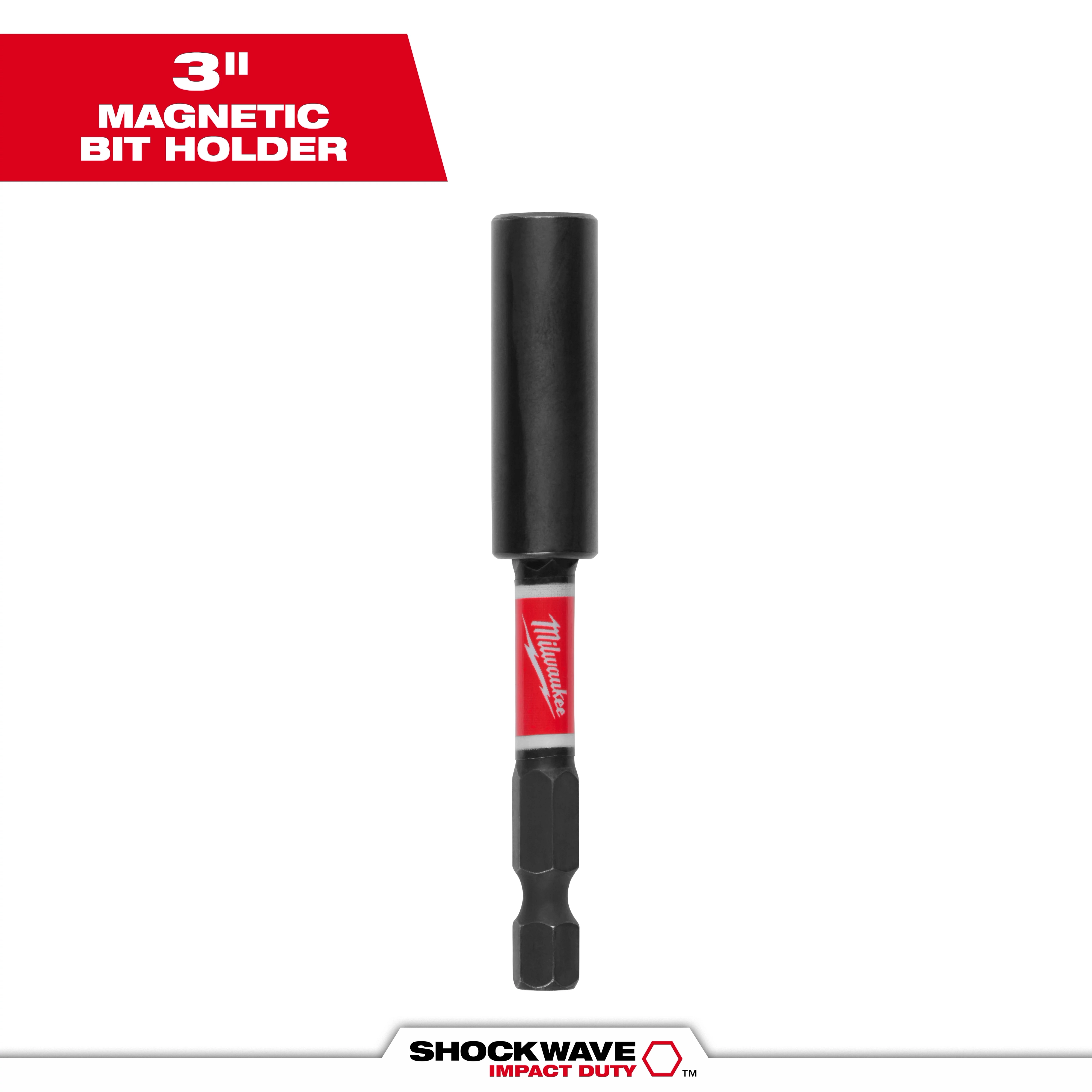 The image shows the SHOCKWAVE™ 3" Impact Duty Magnetic Bit Holder by Milwaukee on a white background with text indicating "3” Magnetic Bit Holder" at the top. The bit holder features a black and red design, with the Milwaukee logo clearly visible.