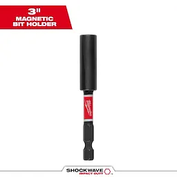 The image shows the SHOCKWAVE™ 3" Impact Duty Magnetic Bit Holder by Milwaukee on a white background with text indicating "3” Magnetic Bit Holder" at the top. The bit holder features a black and red design, with the Milwaukee logo clearly visible.