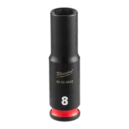 SHOCKWAVE Impact Duty 1/4" Drive 8MM Deep Impact Socket, black cylindrical tool with size "8" and brand logo, red base ring.
