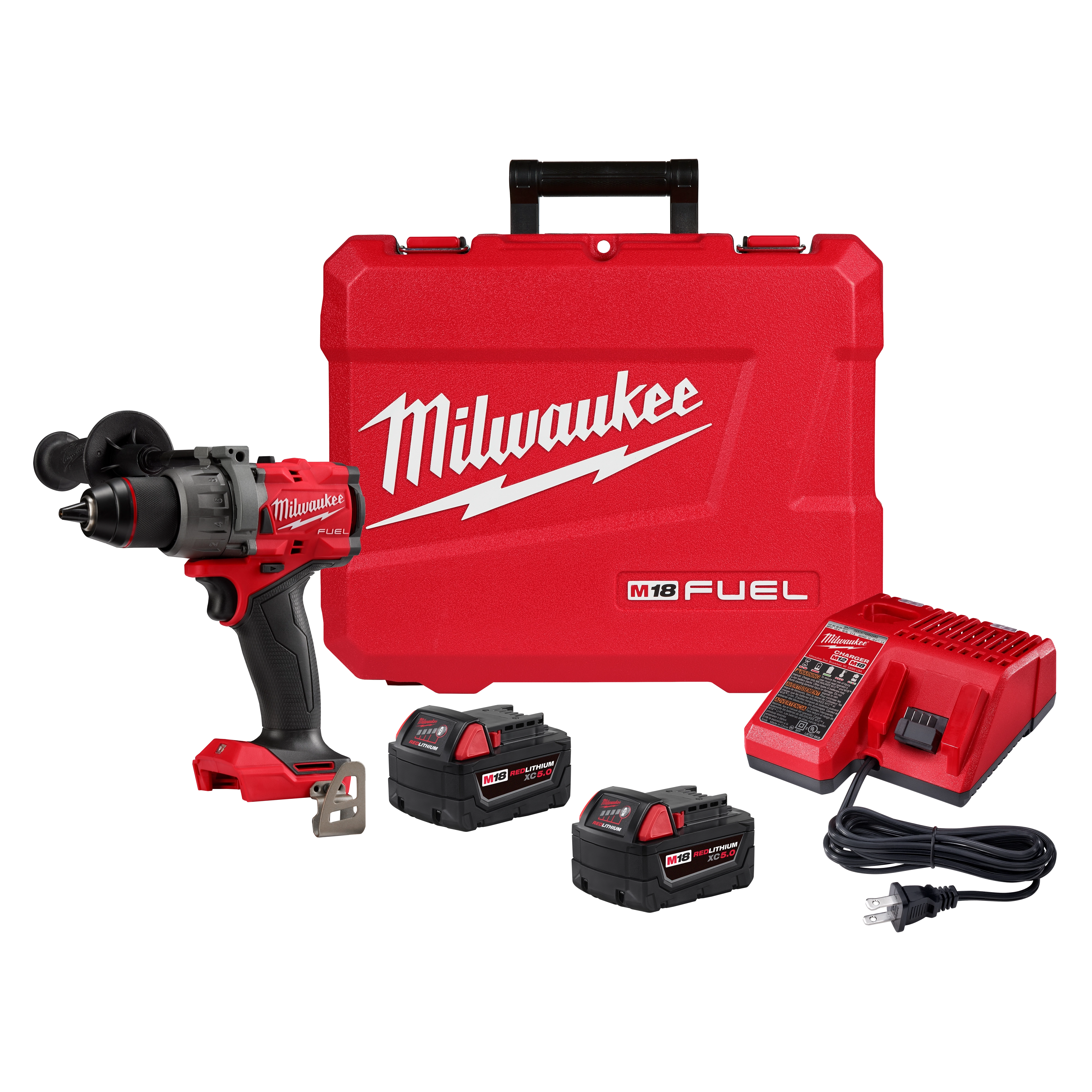 Milwaukee M18 FUEL 1/2" Hammer Drill/Driver set with two batteries, charger, and red carrying case displaying the Milwaukee logo.