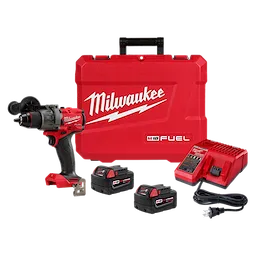 Milwaukee M18 FUEL 1/2" Hammer Drill/Driver set with two batteries, charger, and red carrying case displaying the Milwaukee logo.