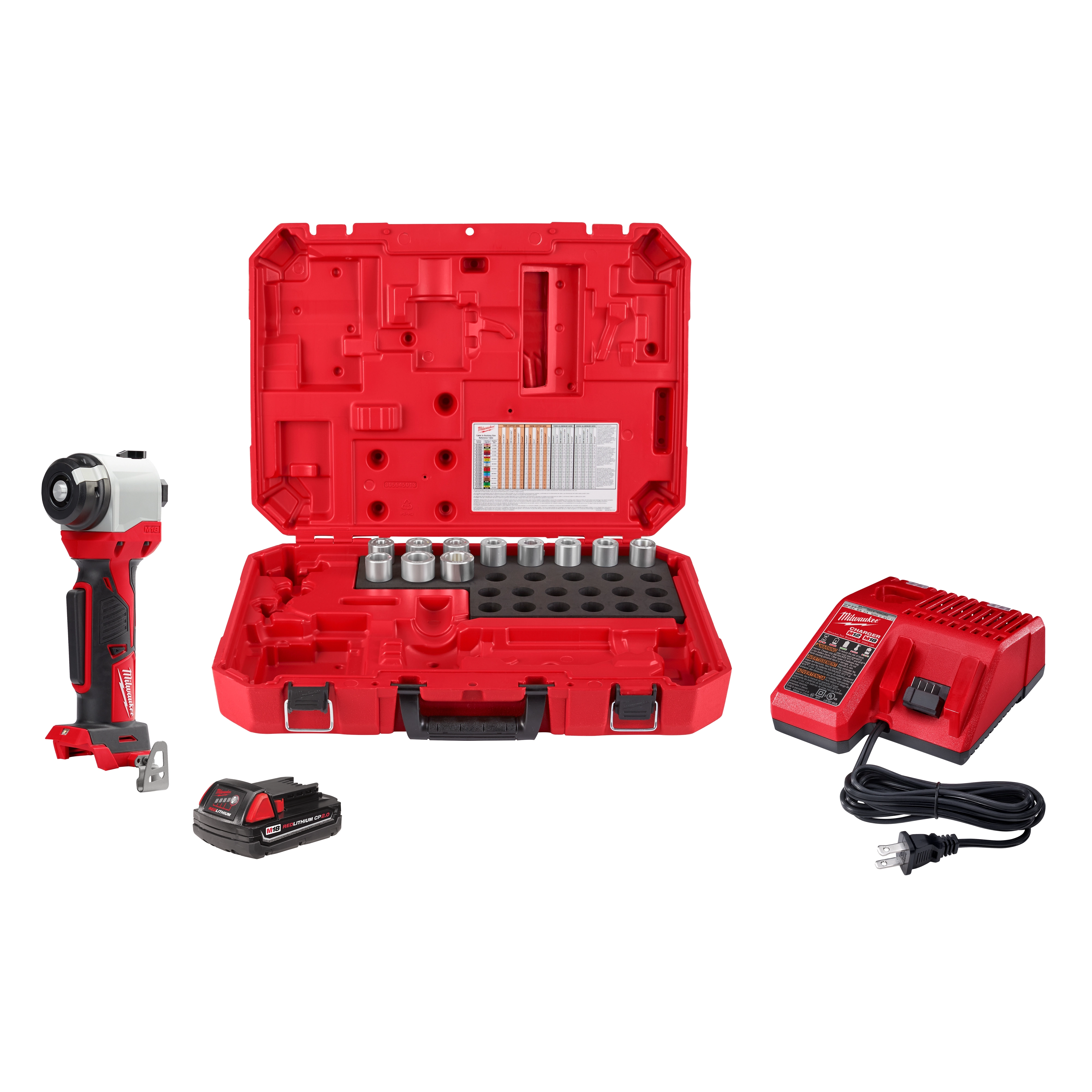 M18 Cable Stripper Kit with 11 Aluminum THHN/XHHW Bushings, including cable stripper tool, carrying case, battery, and charger.