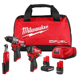 The image shows the Milwaukee M12™ 3-Tool Combo Kit. It includes a cordless drill, an impact driver, and a ratchet, along with two batteries, a charger, and a red carrying case labeled "Milwaukee M12 Fuel." All items are arranged in front of the carrying case.