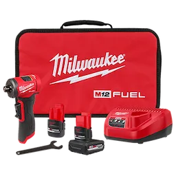 A Milwaukee M12 Fuel cordless impact wrench kit is displayed, including a red tool bag, two red and black lithium-ion batteries, a battery charger, and a small wrench.
