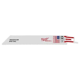 Milwaukee 6" 18 TPI SAWZALL® Blades (5 Pk) are designed for cutting medium metal. The silver blade features the Milwaukee logo, an American flag, "Medium Metal" text, and specifications including "18 TPI." It has a toothed edge for efficient metal cutting.