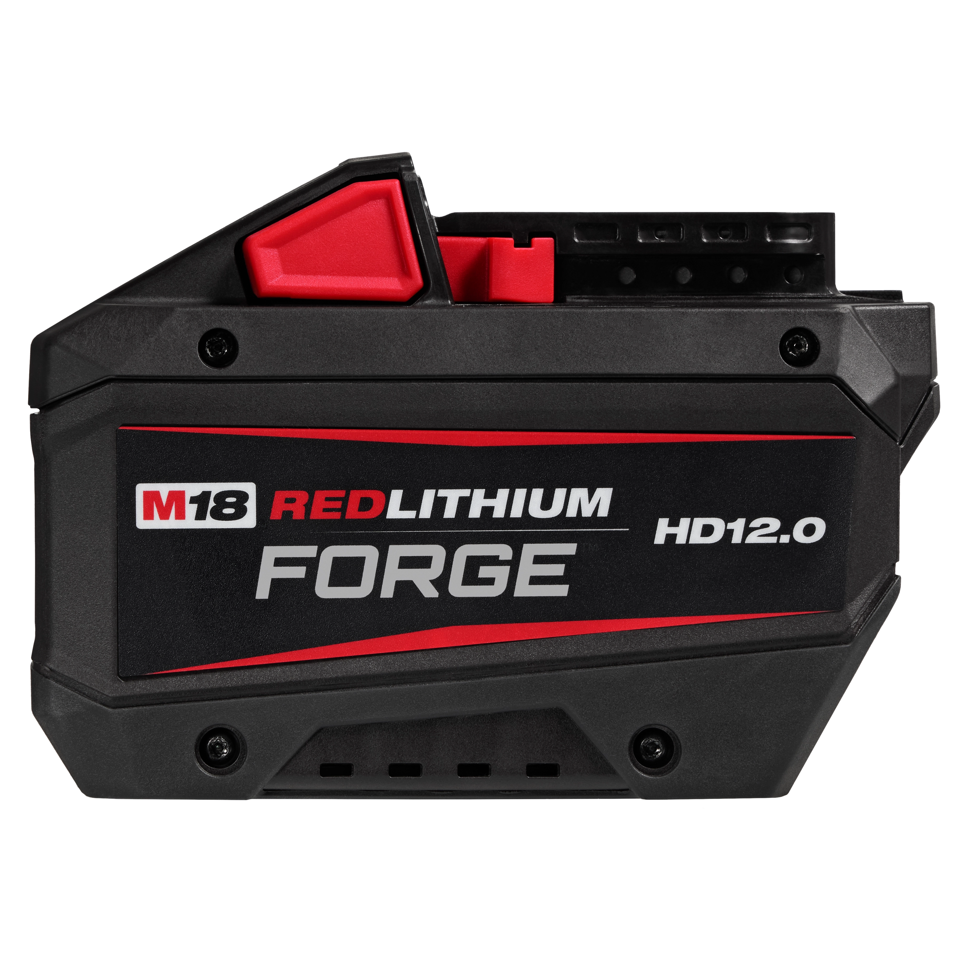 M18 REDLITHIUM FORGE HD12.0 Battery Pack, black and red, features a compact design with visible branding and a red release tab.