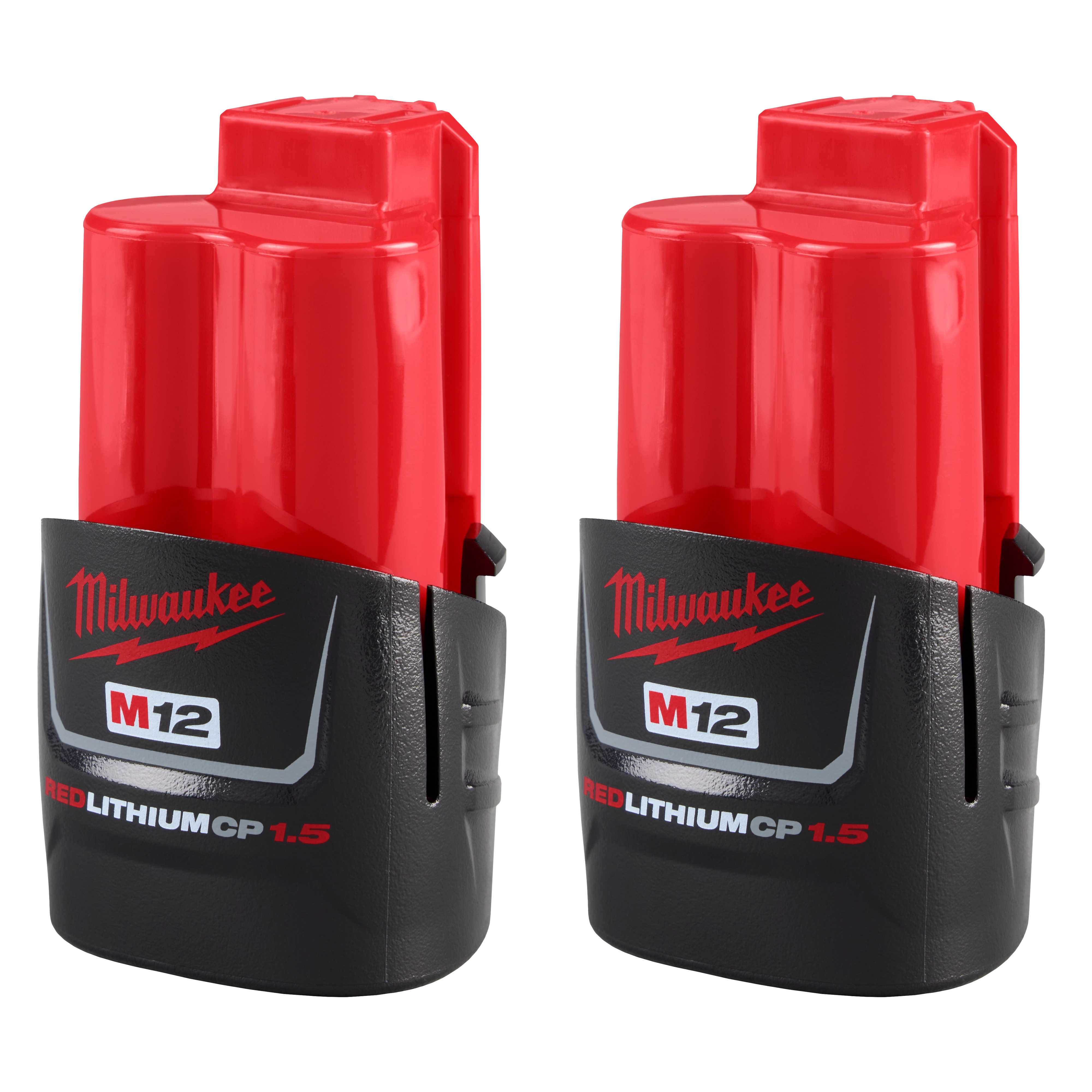 The image shows two Milwaukee M12 Red Lithium CP 1.5 batteries. They are black at the bottom with a red top section and Milwaukee's logo printed on the side. These batteries are used for Milwaukee M12 cordless tools.