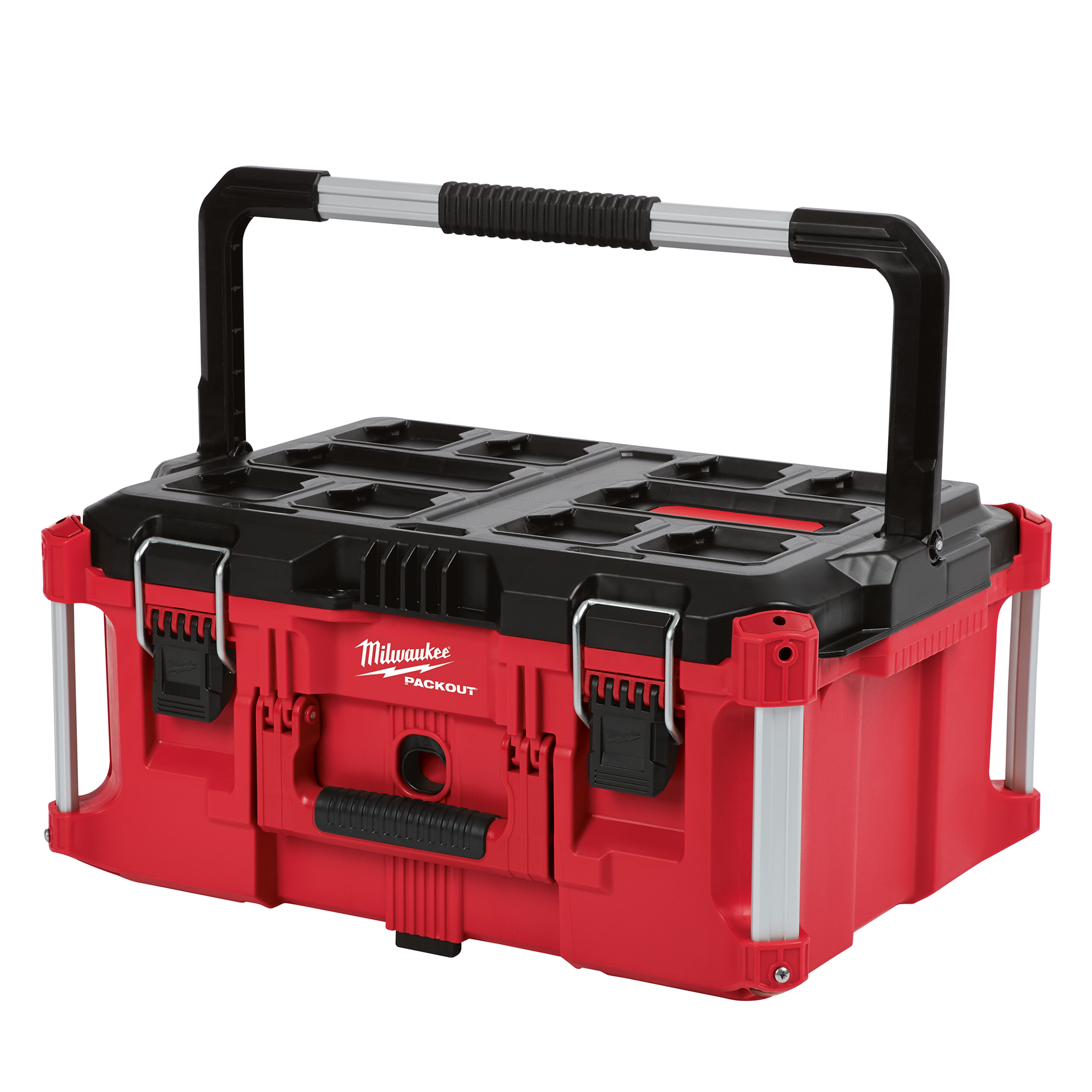 Red PACKOUT Modular Storage System Large Tool Box with black lid, metal latches, and a top handle for portability.