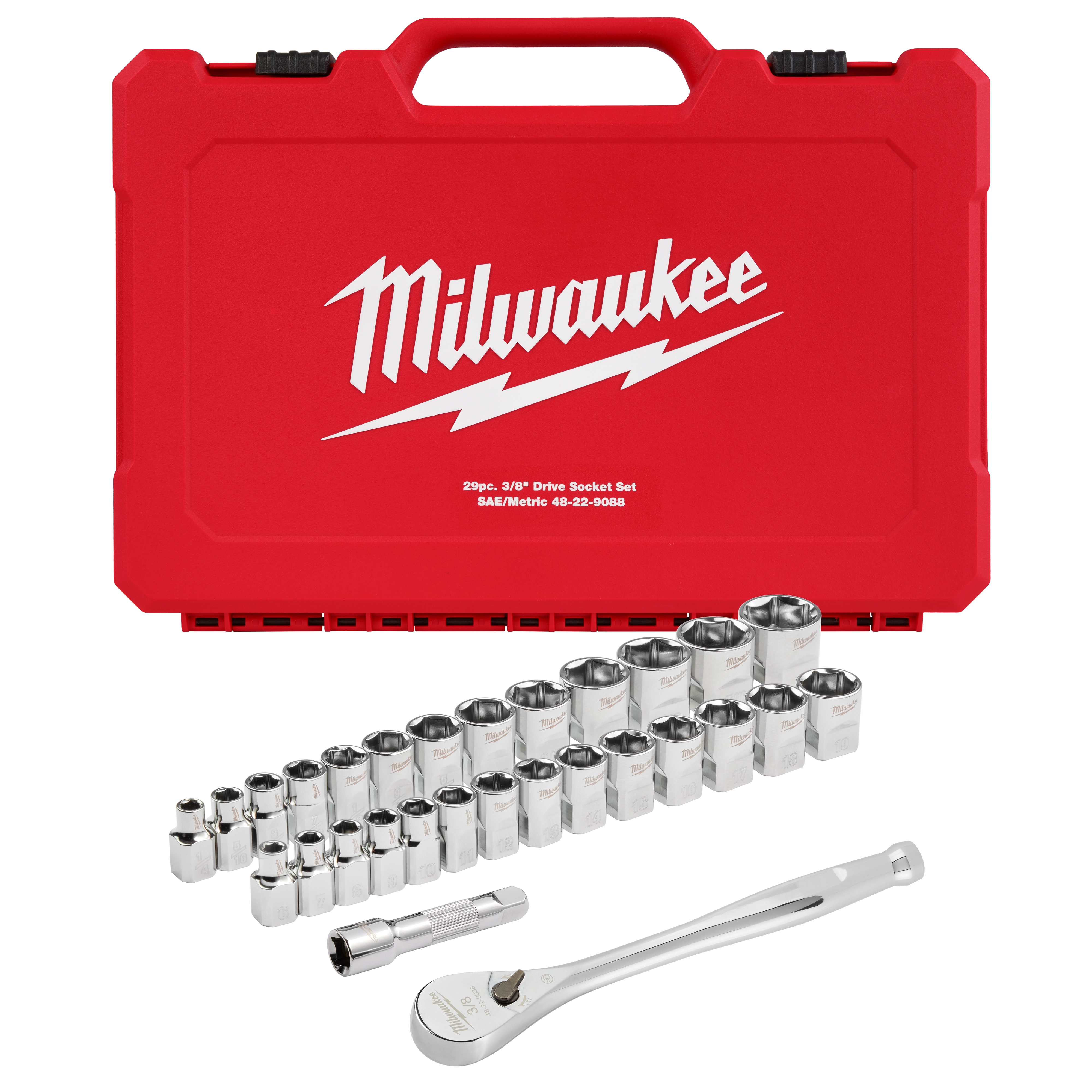 A 28-piece socket set is displayed in front of a red Milwaukee carrying case. The set includes various sizes of sockets, an extension bar, and a ratchet wrench. The case features the Milwaukee logo and the description "SAE/Metric 48-22-9008".