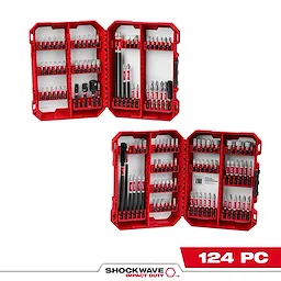 The SHOCKWAVE™ Impact Duty Driver Bit Auto Set – 124PC features red storage cases filled with various driver bits and accessories. Each case has multiple compartments organizing the bits and tools neatly. The set contains 124 pieces designed for impact duty driving needs.
