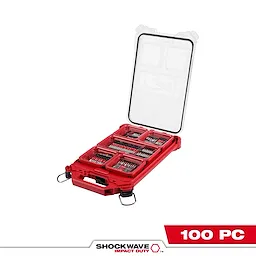 The 100PC SHOCKWAVE™ Impact Duty Driver Bit PACKOUT™ Set features 100 drill bits organized in a red, hard-shell case with a clear lid.
