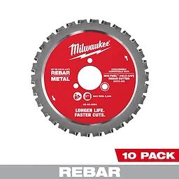 The image shows a Milwaukee rebar cutting blade with a red and silver design. It is labeled as #10 (1-1/4”) Rebar Cutting Blade 10PK, suitable for cutting metal rebar. The packaging indicates it is a 10 pack and the blade offers "Longer Life. Faster Cuts."