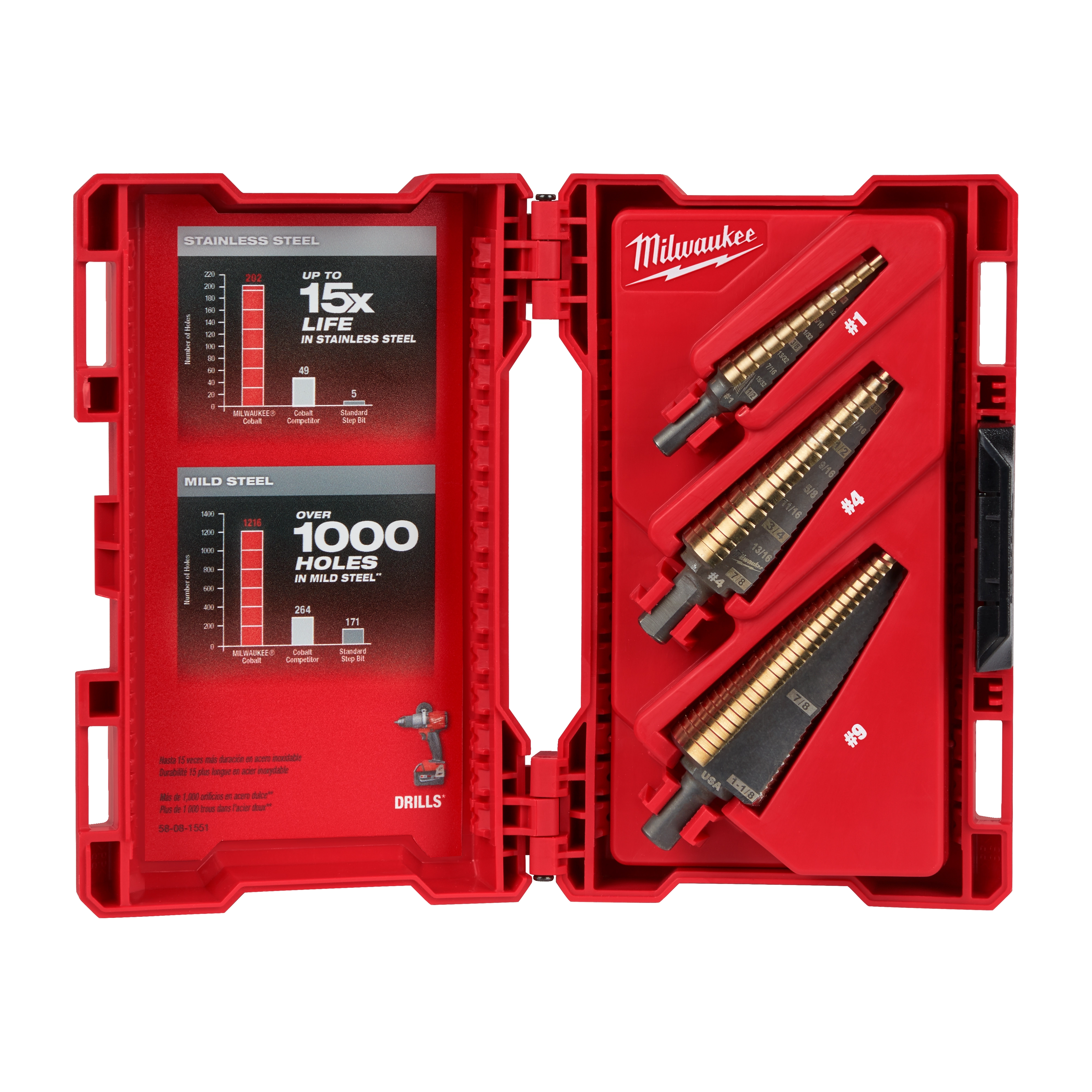 The image displays the Milwaukee Cobalt 3PC Step Set, housed in a red hard case. The set includes three step drill bits and a stainless steel guide indicating lifespan and steel types. The left side shows life expectancy and hole-making capabilities for stainless and mild steel.