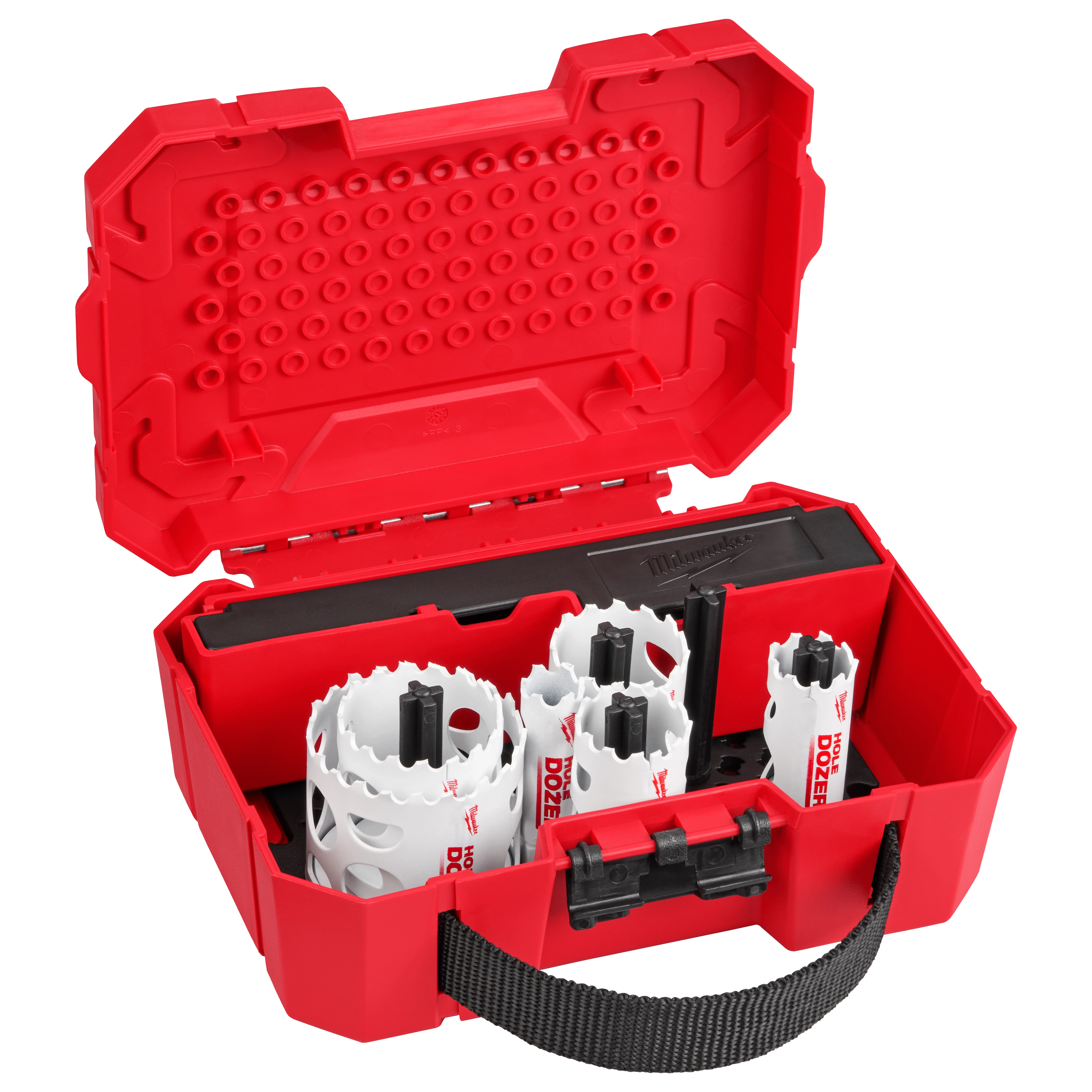 Red tool case containing white steel hole saws of various sizes, with a black latch and handle.