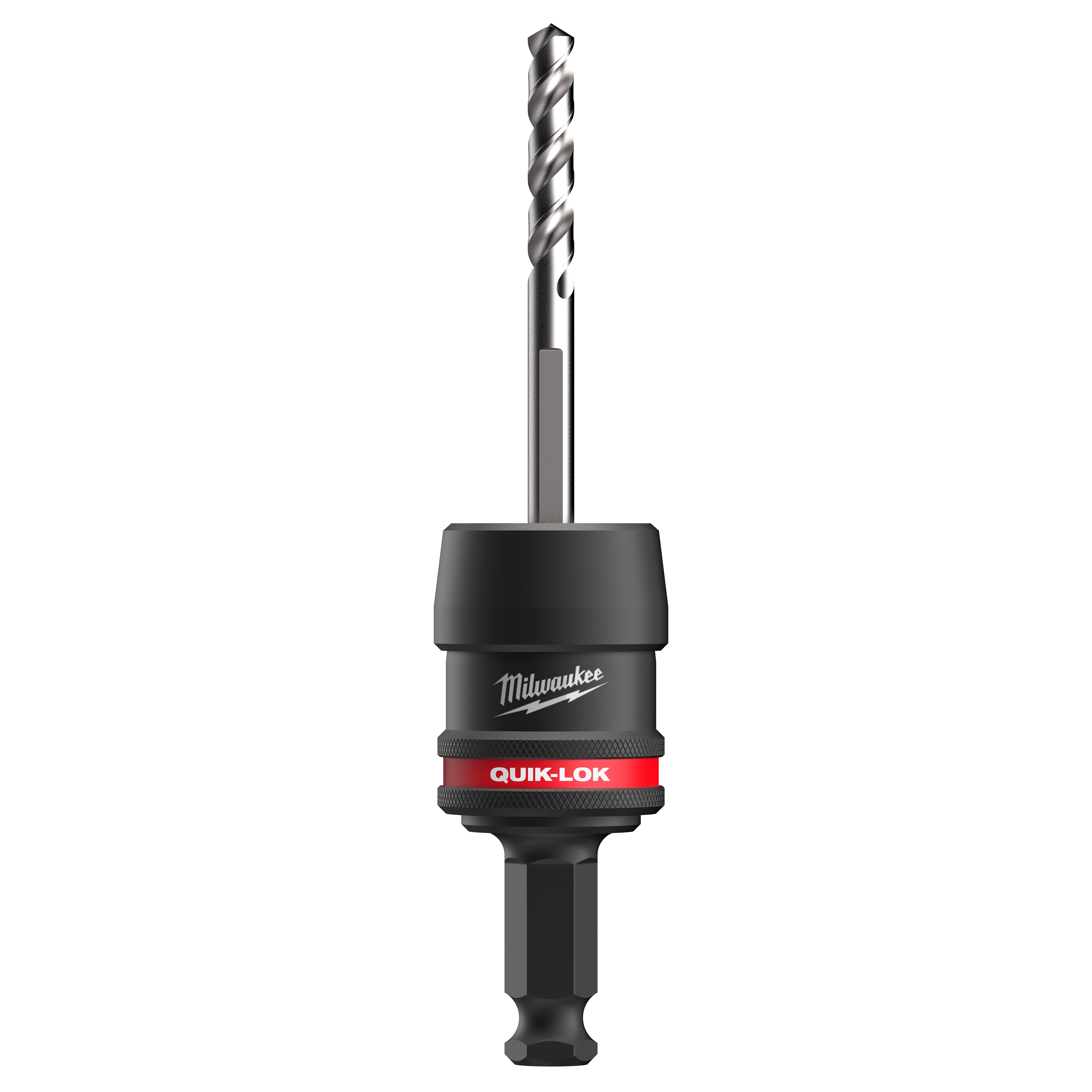 Image of a 7/16" QUIK-LOK™ Arbor Set. The tool features a black and red design with the Milwaukee logo. It has a drill bit attached to the top, designed for quick and easy bit changes.