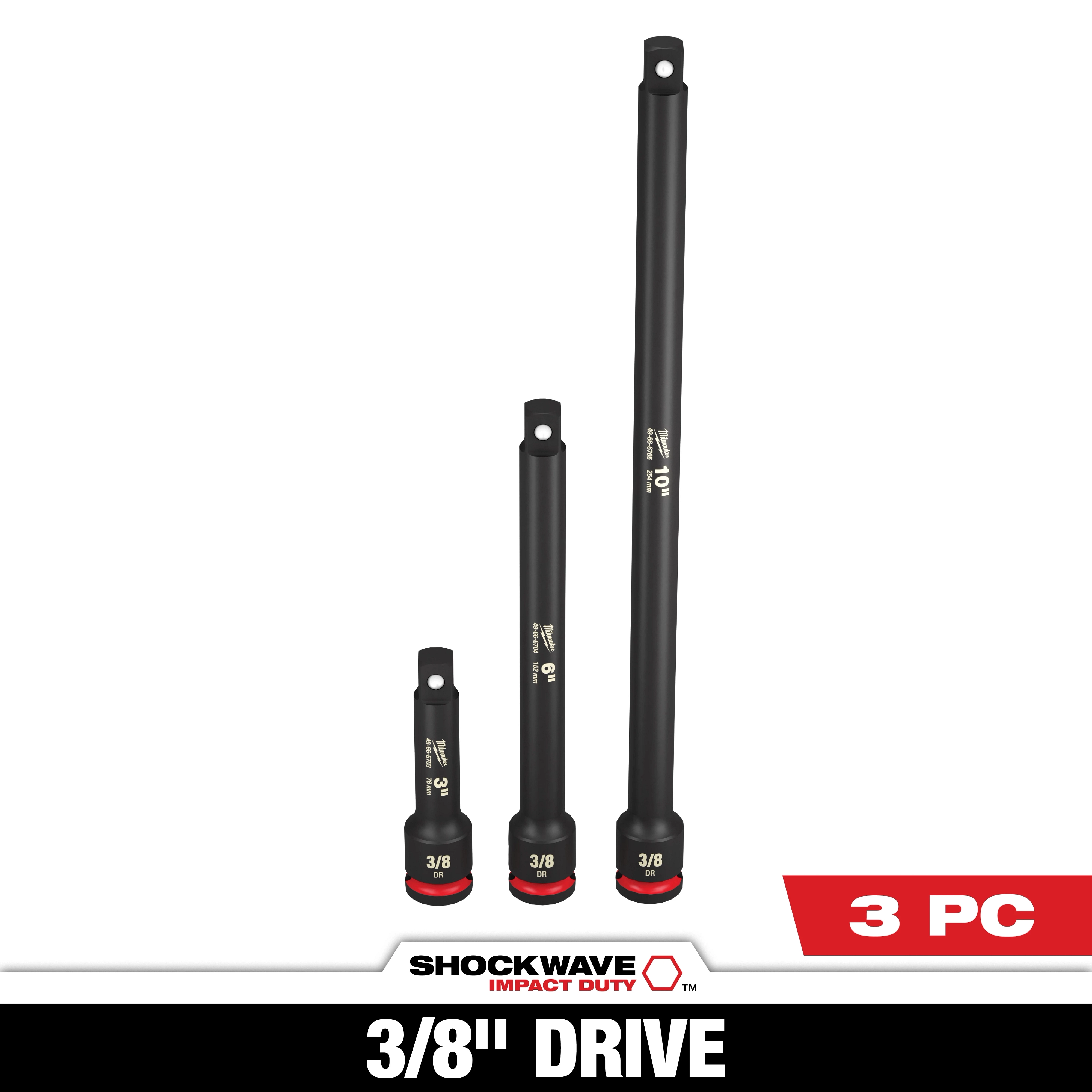 SHOCKWAVE Impact Duty 3/8 in. Drive Extension Set, 3 Piece, includes three black drive extensions of varying lengths. Each extension features a red base and "3/8" marking in white. The shortest measures 3 inches, the middle 6 inches, and the longest 10 inches.