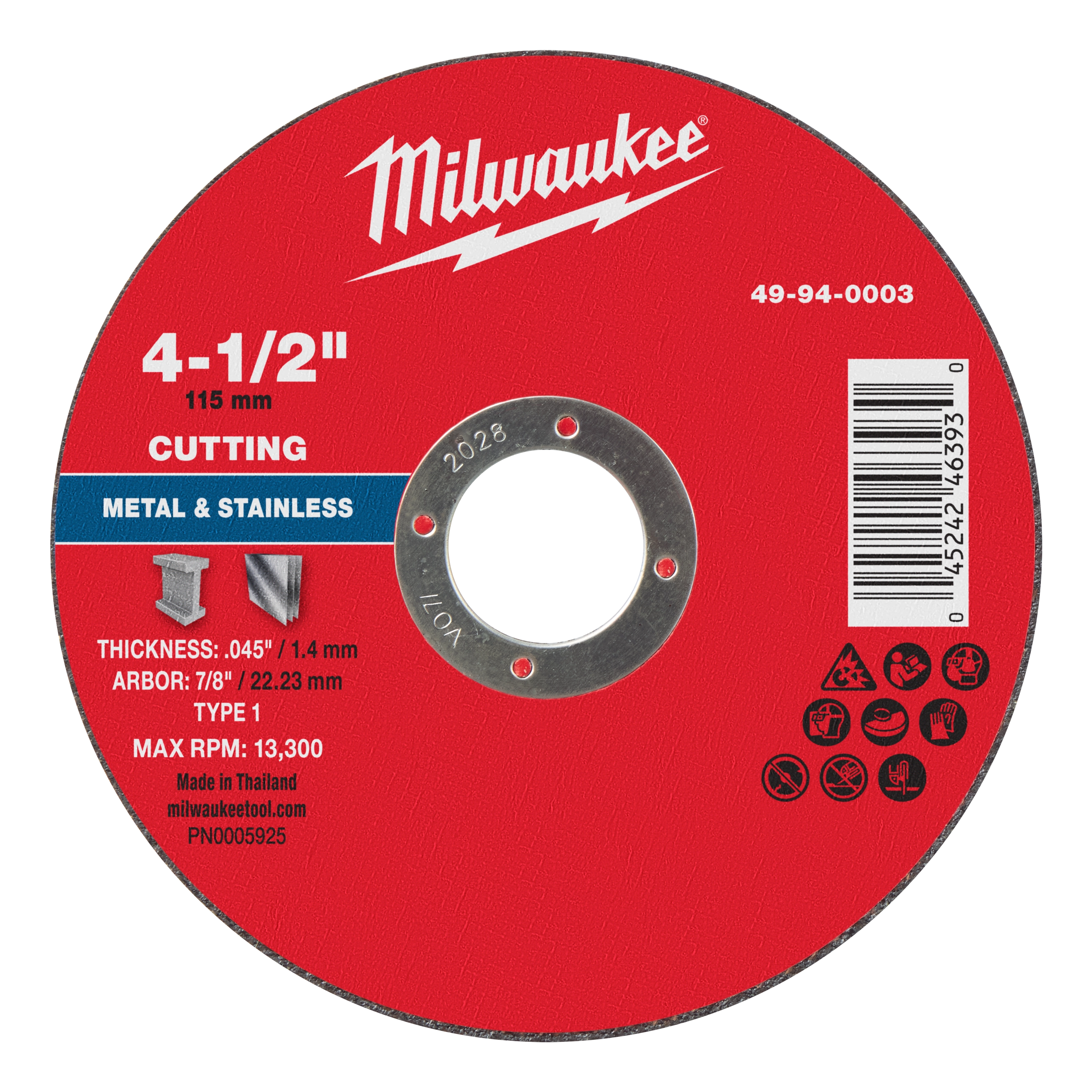 Red 4-1/2" x .045" x 7/8" Metal Cut Off Wheel - Type 1 for cutting metal and stainless. Max RPM: 13,300. Made in Thailand.