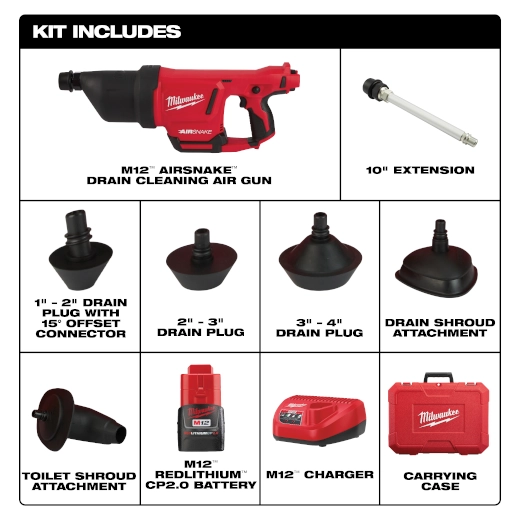 M12 AIRSNAKE Drain Cleaning Air Gun Kit Milwaukee Tool